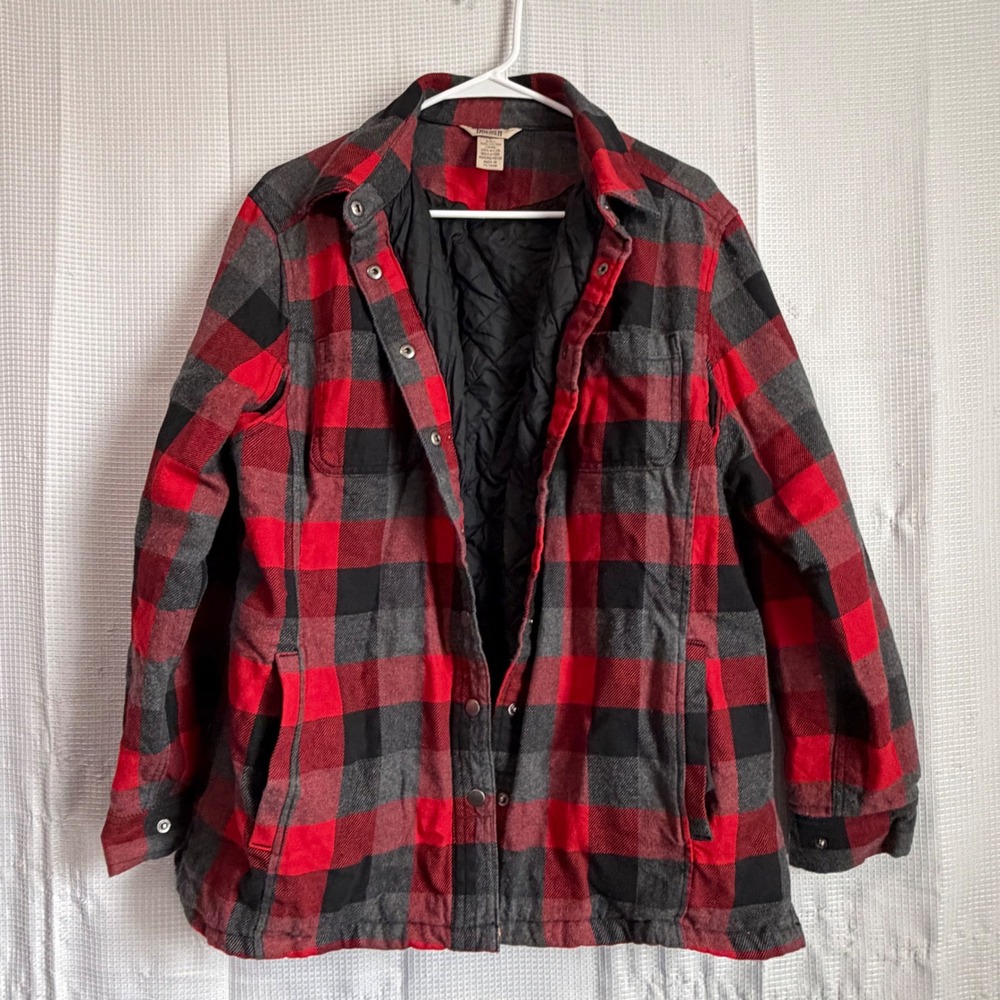 Duluth Trading Co Flannel Shirt Jacket Mens Large Red Black Plaid Quilted Lined